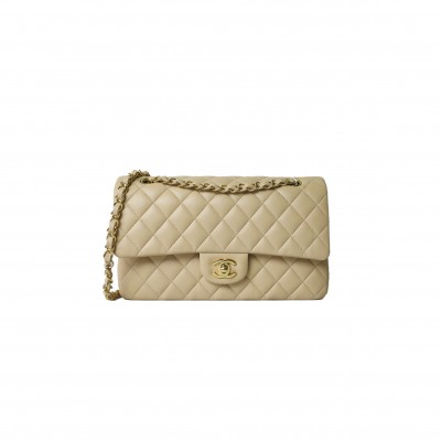 CHANEL CLASSIC MEDIUM, BEIGE CLAIR LAMBSKIN WITH GOLD HARDWARE AS1112 (25.5*15*7cm)